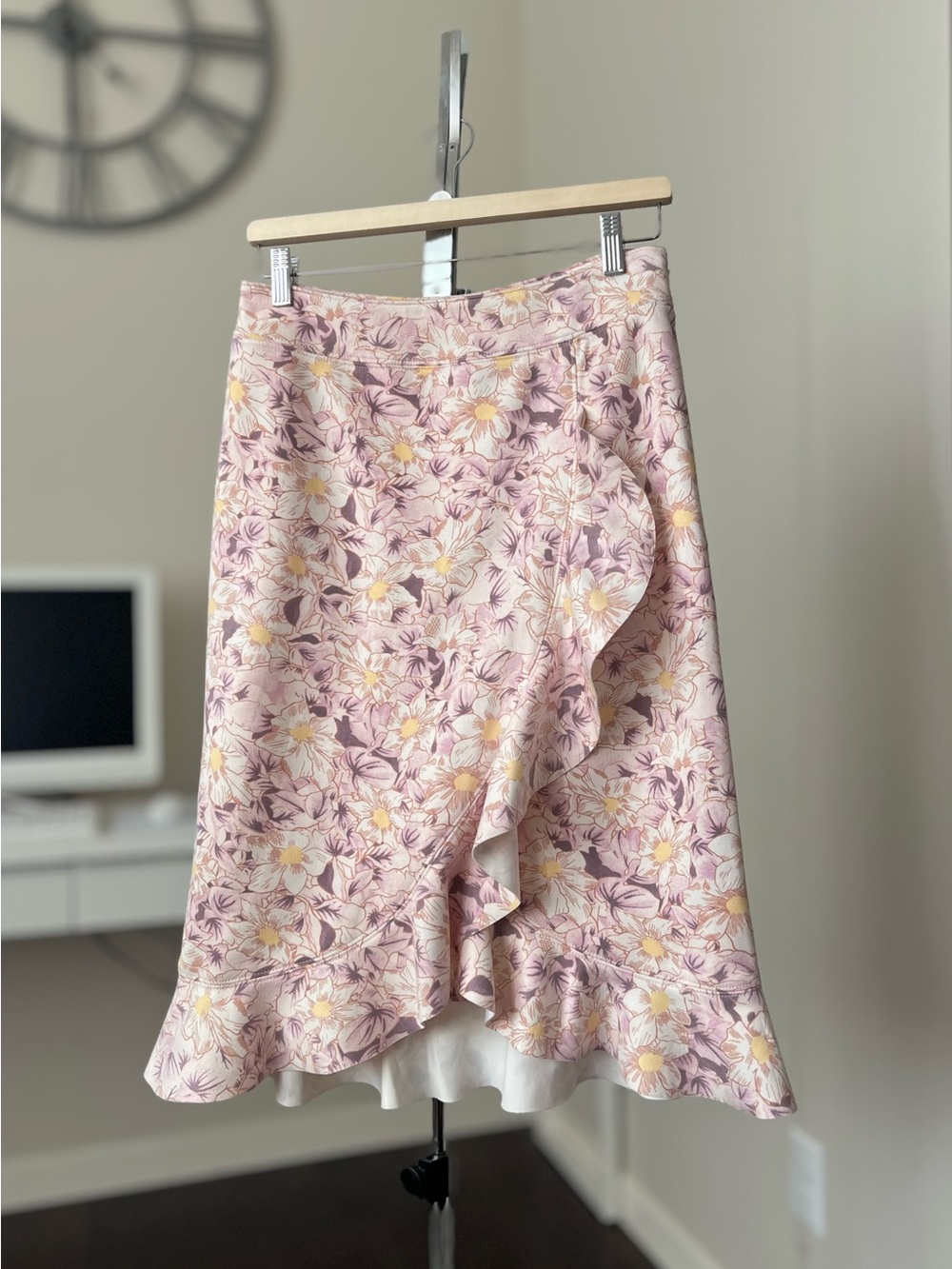 Anthropologie Pink Floral A-Line Ruffle Skirt